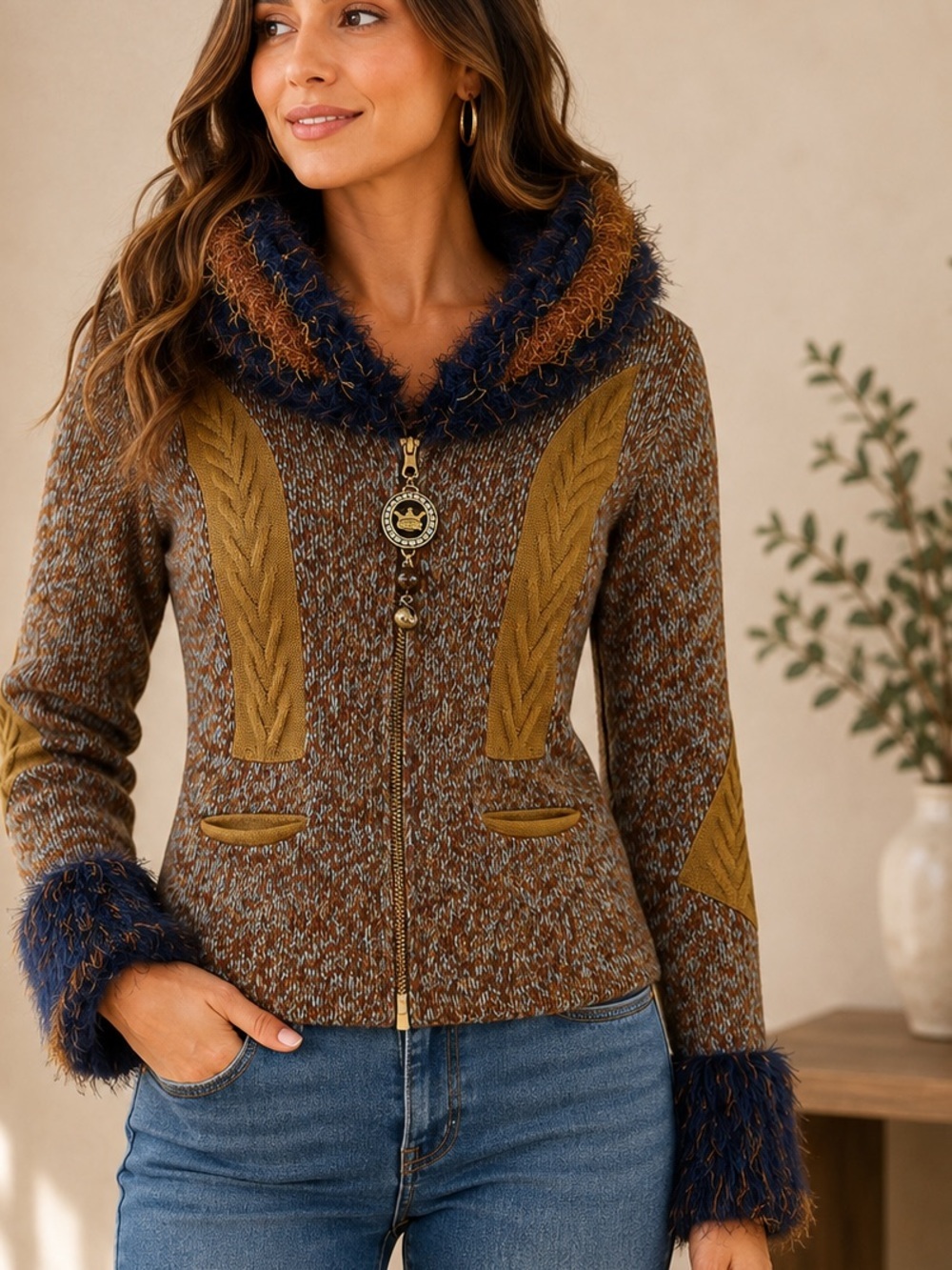 Save the Queen! Knit Zip Jacket Faux Fur Trim Adjustable Collar